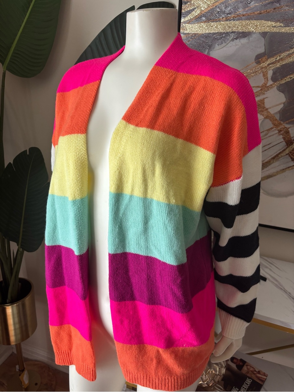 Bright Multi-Color Striped Open Cardigan Sweater - Women